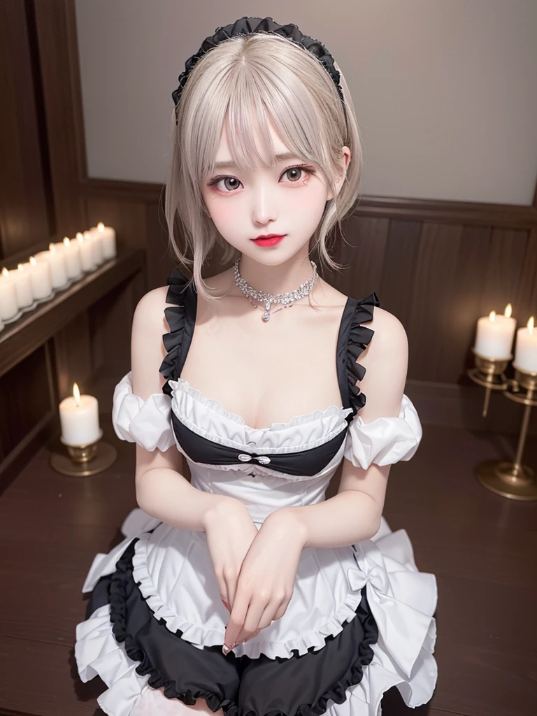 (8K, Photorealistic, Raw photo, of the highest quality: 1.3), (1girl in), Super beautiful, (Realistic face), (boyish, Silver Color Berry Shorthair), Beautiful , Glare that captivates the viewer, Beautiful expression, Beautiful breasts, (Realistic skin), Be...Super high quality, super high definition, super detailed, masterpiece, 20years old, female, cute, perfect face, beautiful, gothic lolita clothes, gothic lolita fashion, frilly skirt, headdress, necklace, bracelet, knee-high socks, boots, double eyelids, tear bags, Detailed down to the fingers, photo-like description, indoors, dim indoor lighting, blonde hair, pony tail, standing, whole body, composition that shows the whole body, smiling