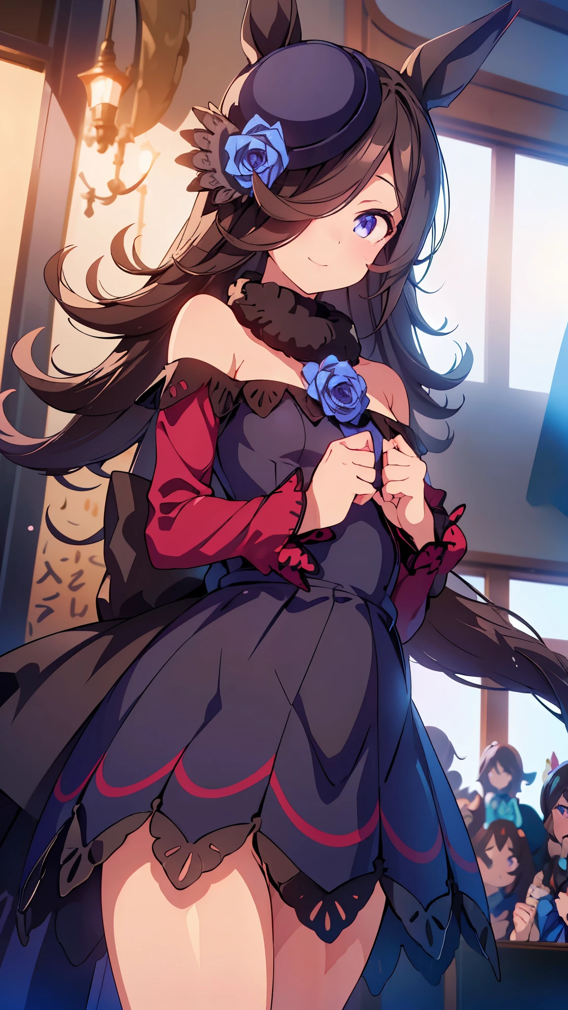 (pieces fly.highest quality).(dynamic angle). (CG painting with very impressive details),(perfect image)、comics.figure.small breast girl.detailed face、perfect face.delicate face、dressの衣装を着た貧乳少女、((A girl with small breasts wearing delicate Japanese Clothes))、rough skin、long black hair、(Umamimi girl)Umamimi girl、((beautiful blue eyes)).delicate and beautiful eyes、fine eyes、reflected eyes、smile.(look at the audience:1.3).(face is a little red:0.8)、8k wallpaper、cowboy shot、reflected light、best details、complicated、delicate background、rough skin、fine skin、(super resolution)、(dress)、Komono、dressを、Clothes、Clothes、dress、bright background