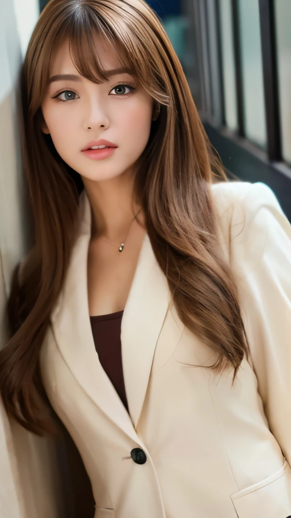 Best quality, 8k, ,Masterpiece :1.3)), facing viewer,((full body1.2)) ,pretty woman, wide shot ,1girl, , selfie , Office,, suits, brown hair , bangs,ultra-detailed face, highly detailed lips, detailed eyes, double eyelid