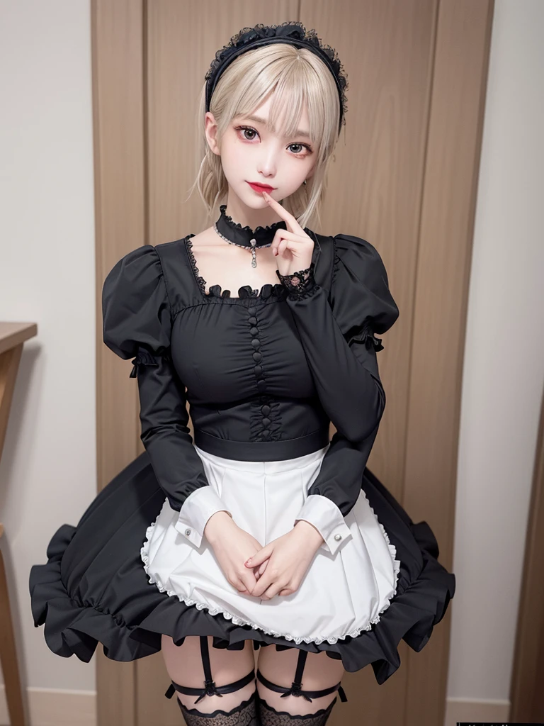 (8K, Photorealistic, Raw photo, of the highest quality: 1.3), (1girl in), Super beautiful, (Realistic face), (boyish, Silver Color Berry Shorthair), Beautiful , Glare that captivates the viewer, Beautiful expression, Beautiful breasts, (Realistic skin), Be...Super high quality, super high definition, super detailed, masterpiece, 20years old, female, cute, perfect face, beautiful, gothic ta clothes, gothic loliashion, frilly skirt, headdress, necklace, bracelet, knee-high socks, boots, double eyelids, tear bags, Detailed down to the fingers, photo-like description, indoors, dim indoor lighting, blonde hair, pony tail, standing, whole body, composition that shows the whole body, smiling,Optimal ratio of 4 fingers and 1 thumb