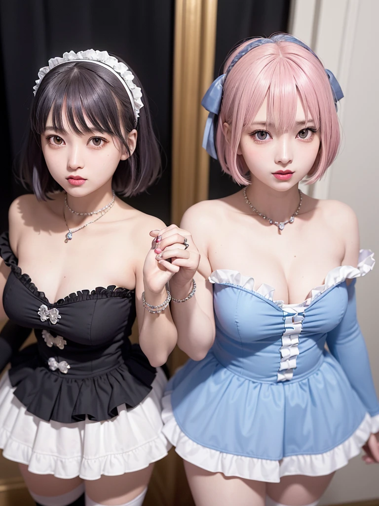 (8K, Photorealistic, Raw photo, of the highest quality: 1.3), (1girl in), Super beautiful, (Realistic face), (boyish, light blue Color Berry Shorthair),(8K, Photorealistic, Raw photo, of the highest quality: 1.3), (1girl in), Super beautiful, (Realistic face), (boyish, pink Color Berry Shorthair), Beautiful , Glare that captivates the viewer, Beautiful expression, Beautiful breasts, (Realistic skin), Be...Create a detailed and colorful image of Ram and Rem from Re:Zero, standing back-to-back in their maid outfits, with a magical fantasy background、ars old, two girls,cute, perfect face, beautiful, nice body, gothic lolita clothes, gothic lolita fashion, frilly skirt, headdress, necklace, bracelet, knee-high socks, boots, double eyelids, tear bags, Detailed down to the fingers, photo-like description, indoors, dim indoor lighting, one girl is pink hair and short bob, another girl is light blue hair and short bob,standing, whole body, composition that shows the whole body, smiling,The Both of them are wearing the same type of maid outfit,Optimal ratio of 4 fingers and 1 thumb
