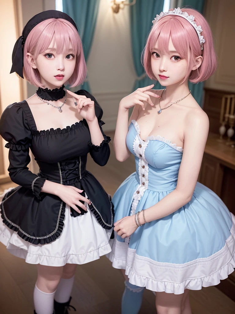 (8K, Photorealistic, Raw photo, of the highest quality: 1.3), (1girl in), Super beautiful, (Realistic face), (boyish, light blue Color Berry Shorthair),(8K, Photorealistic, Raw photo, of the highest quality: 1.3), (1girl in), Super beautiful, (Realistic face), (boyish, pink Color Berry Shorthair), Beautiful , Glare that captivates the viewer, Beautiful expression, Beautiful breasts, (Realistic skin), Be...Create a detailed and colorful image of Ram and Rem from Re:Zero, standing back-to-back in their maid outfits, with a magical fantasy background、ars old, two girls,cute, perfect face, beautiful, nice body, gothic lolita clothes, gothic lolita fashion, frilly skirt, headdress, necklace, bracelet, knee-high socks, boots, double eyelids, tear bags, Detailed down to the fingers, photo-like description, indoors, dim indoor lighting, one girl is pink hair and short bob, another girl is light blue hair and short bob,standing, whole body, composition that shows the whole body, smiling,The Both of them are wearing the same type of maid outfit,Optimal ratio of 4 fingers and 1 thumb