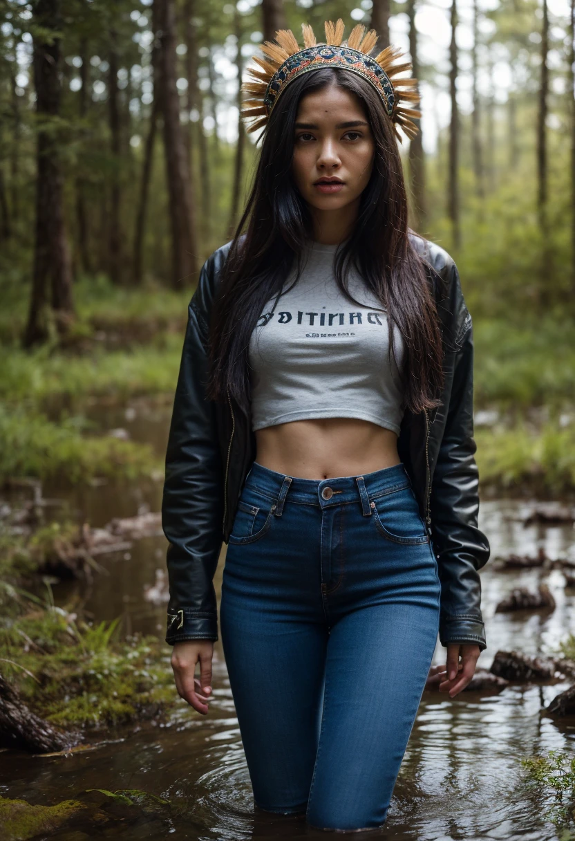 70s setting, extremely detailed woman is victim of ritual,drowning waist-deep in bog, in the middle of a mysterious bog, wearing a beautiful headdress and traditional indigenous accessories, captivating fadeed high-waisted jeans and t-shirt,. The scene is of the highest quality, with 4k resolution and ultra-detailed visuals. The woman's facial expressions and body language depict her struggle and fear, while her eyes reflect the intensity of the situation. The lighting is atmospheric, casting eerie shadows throughout the bog. The colors are vivid, with a focus on earthy tones to enhance the natural environment.