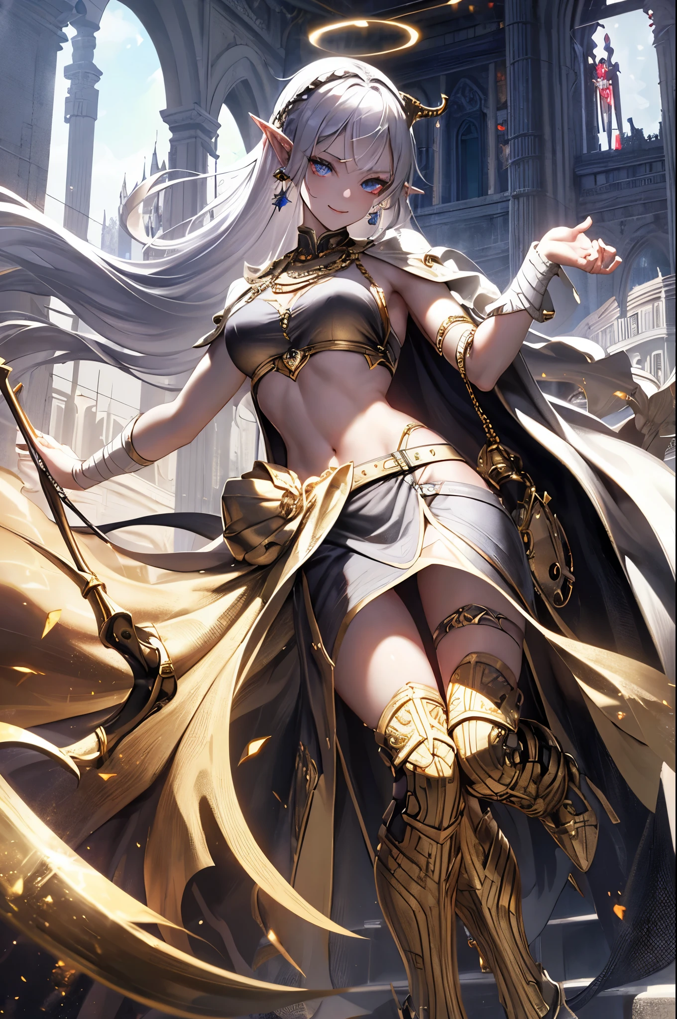 Idol style,Succubus,, Advanced art style,works of masters,16K,,Scary smile,silver hair,noble,Mink scarf,crutch,full-body shot,golden light,Advanced Cape,necklace,belt,shy,halo,Sexy figure,Lower chest display,Divine Light,Film light and shadow,Domineering,King,arrogant,Reduce clothing fabric,Details of the face,looking down,saint,perspective,Bandage wrap around the chest,Tattoo on the chest,Fallen,dark,bicolor hair,earrings,ambiguous,star eyes,Special skill,Advanced special effects,perfect waist to hip ratio,elf ears,dragon horn