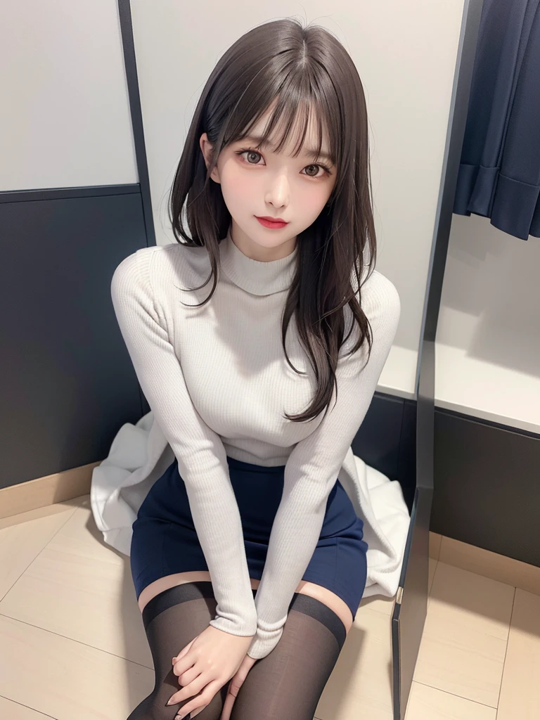 1girl, nsfw, Self-taken photo, pussy, panties under pantyhose, masturbation, beautiful Japanese woman, Real Women, Bangs to a length above the eyebrows, A woman with her shirt off in a dark room,