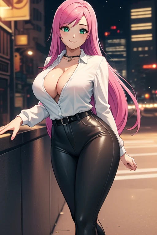 1 girl, 19 years old, Long pink hair, green eyes with slit pupils, master-piece, best quality, (standing up), (white shirt), (tight long sleeve white blouse, black pants, bright red heels, cleavage), (Big , ultra gigantic , Super super big, Glamorous body), Make eye contact with the camera, front figure, looking forward, (light_Smile:1.5), (Detailed hands and fingers:1.2) (Cyberpunk City), (FULL BODYSHOT), thighs thighs thighs thighs、beauty legs、Bare legs