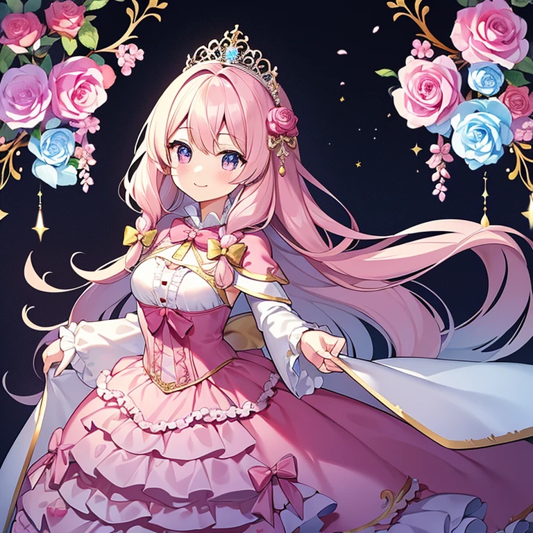 (kawaii),(best quality),(ultra detailed),(rococo style),(long train pastel pink cape:1.15), very long cape,(long train white ball gown with flower decorations:1.1), a girl is wearing a cape over her gown,(she has a western style fan:1.05), 1 little princess, tiara, smile, very long hair, small breasts, beautiful detailed eyes, beautiful detailed lips