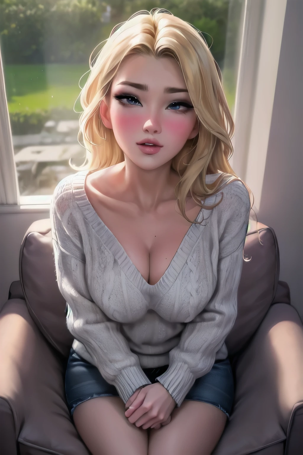 Sexy woman, perfect hair, amazing makeup, seductive gaze, blushing intensely, ready to kiss, long oversized sweater, sitting comfortably on couch, window, natural light beaming through window, beautiful face, seductively gazing at us, very seductively provocative