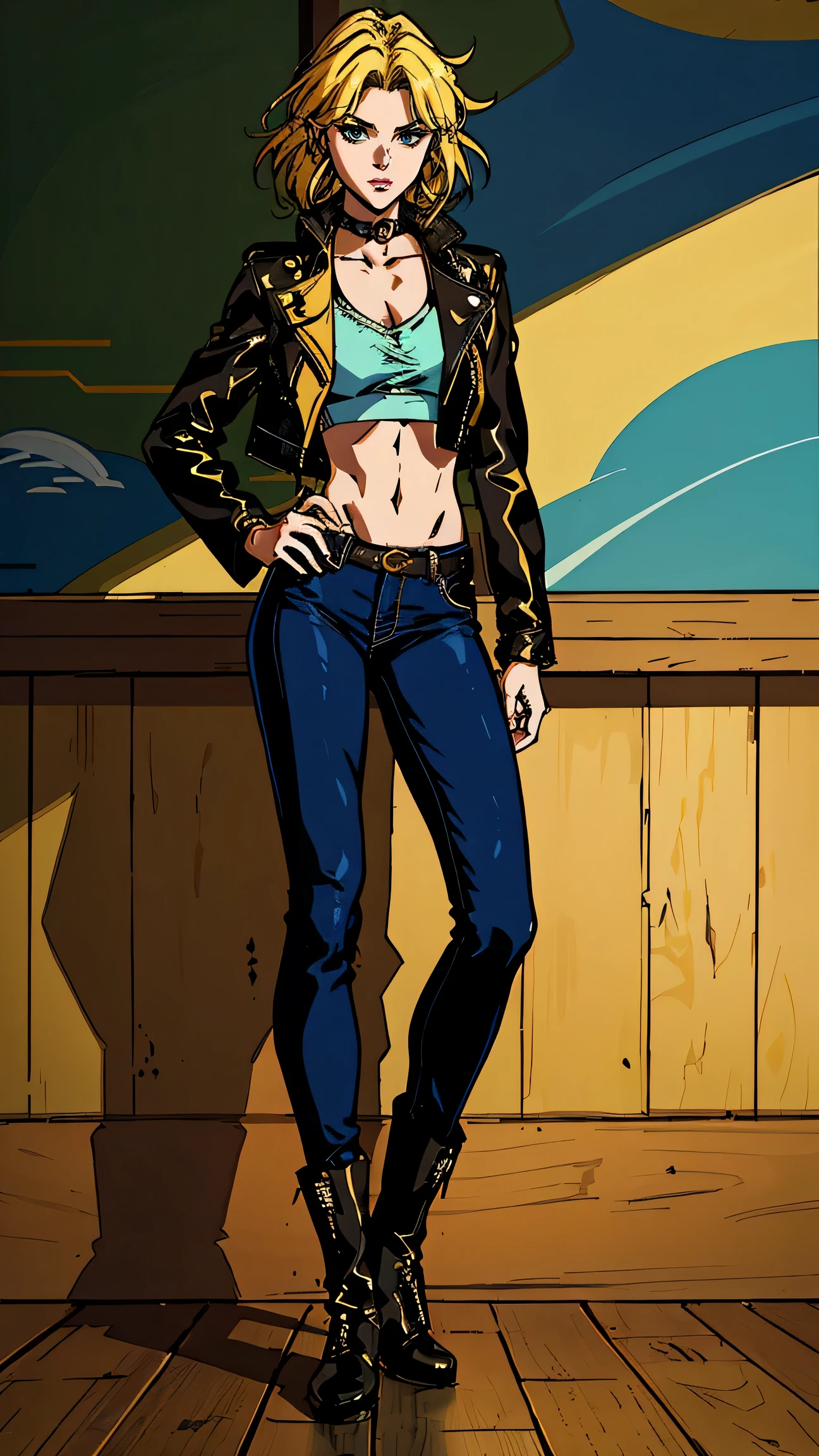 Beautiful woman with messy blonde hair, Oval face, Sensitive features, Slender eyes that showed cunning., She wore a slim-fitting leather jacket that was primarily black with yellow accents., Along with a worn brown jacket with a furry collar on top., Her lower half wore dark blue jeans., She stood casually with her hands on her hips., The character designs reflect a punk style smuggler inspired by Japanese anime designs., The artwork features intricately detailed character designs., Featuring a Japanese manga art style for adults., ((character concept art)), Drawing the whole character, high definition, best quality, very detailed, very delicate, Anatomically correct, Symmetrical face, ดวงตาและใบหน้าที่very detailed, High quality eyes, creativity, raw photos, UHD, 8k, (natural light, professional lighting:1.2, movie light:1.5, best shadow), (Masterpiece:1.5) Long legs , boots