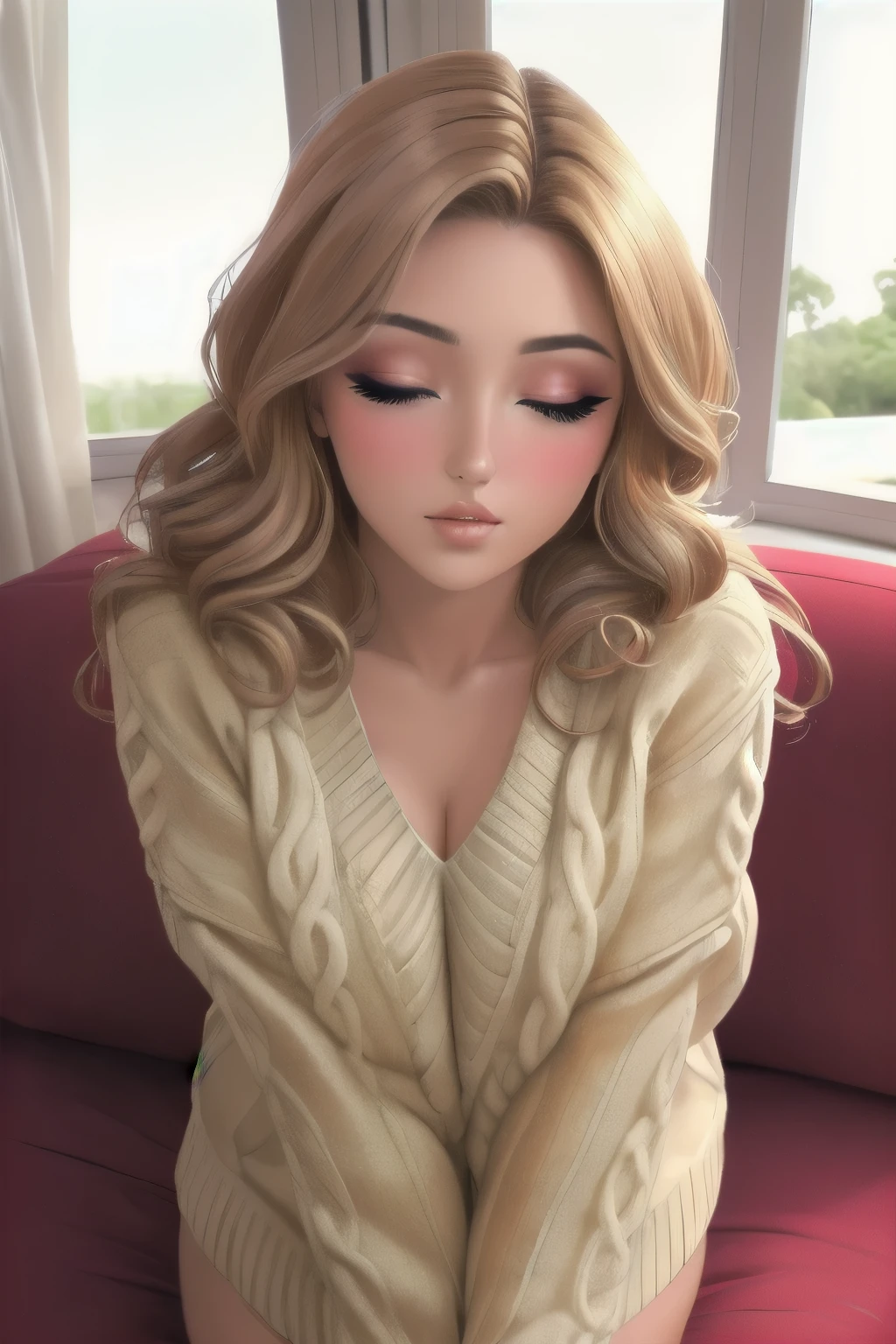 Sexy woman, perfect hair, amazing makeup, seductive gaze, blushing intensely, ready to kiss, long oversized sweater, sitting comfortably on couch, window, natural light beaming through window, beautiful face, seductively gazing at us, very seductively provocative