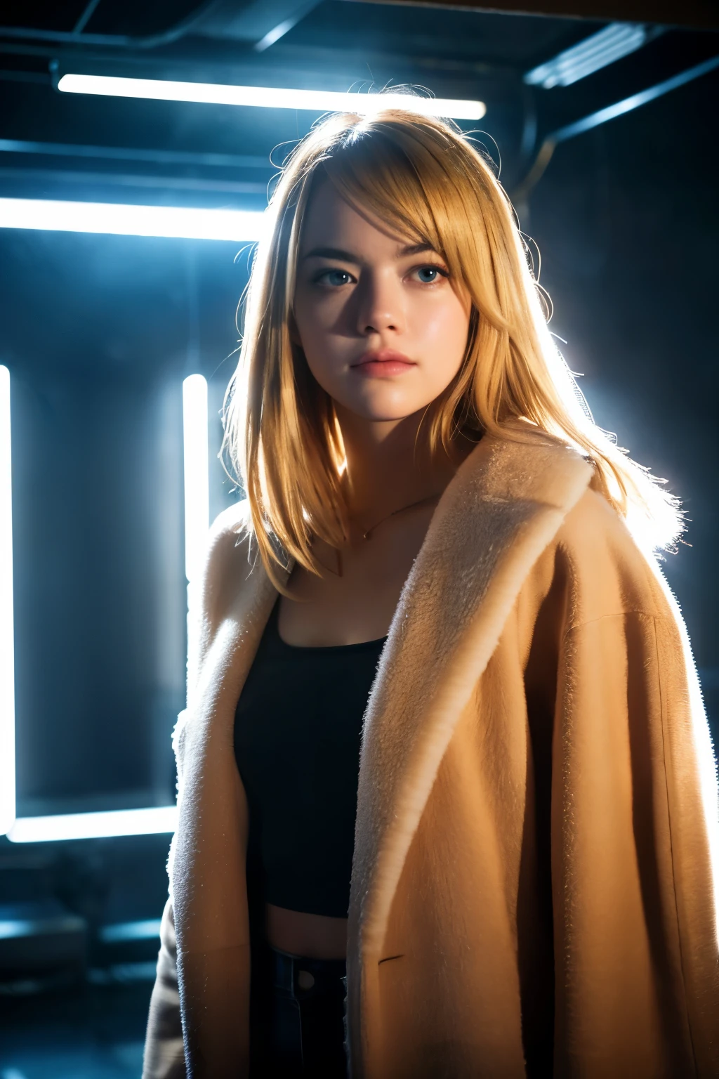 emma stone, neon lighting, empty room, soft focus, professional, (best quality, highres, realistic), upper body shot, long blonde hair, brown long coat