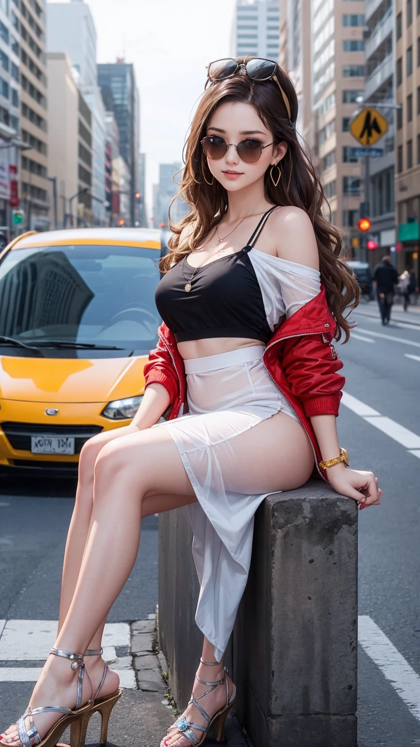 Top quality, masterpiece, ultra high definition, (Real: 1.4), Original photo, (Evening Street), 1 girl, big rounded breast:1.4, black eyes, smile, looking at the audience, long hair, light makeup, lips, large ears, dress t-shirt, mini bra sexy, plaid mini skirt, skirtlift, open legs, show pubic hairs detailed, dark hairy pussy:1.3, chubby vagina, earrings, standing side red car Ferrari, naughty pose,