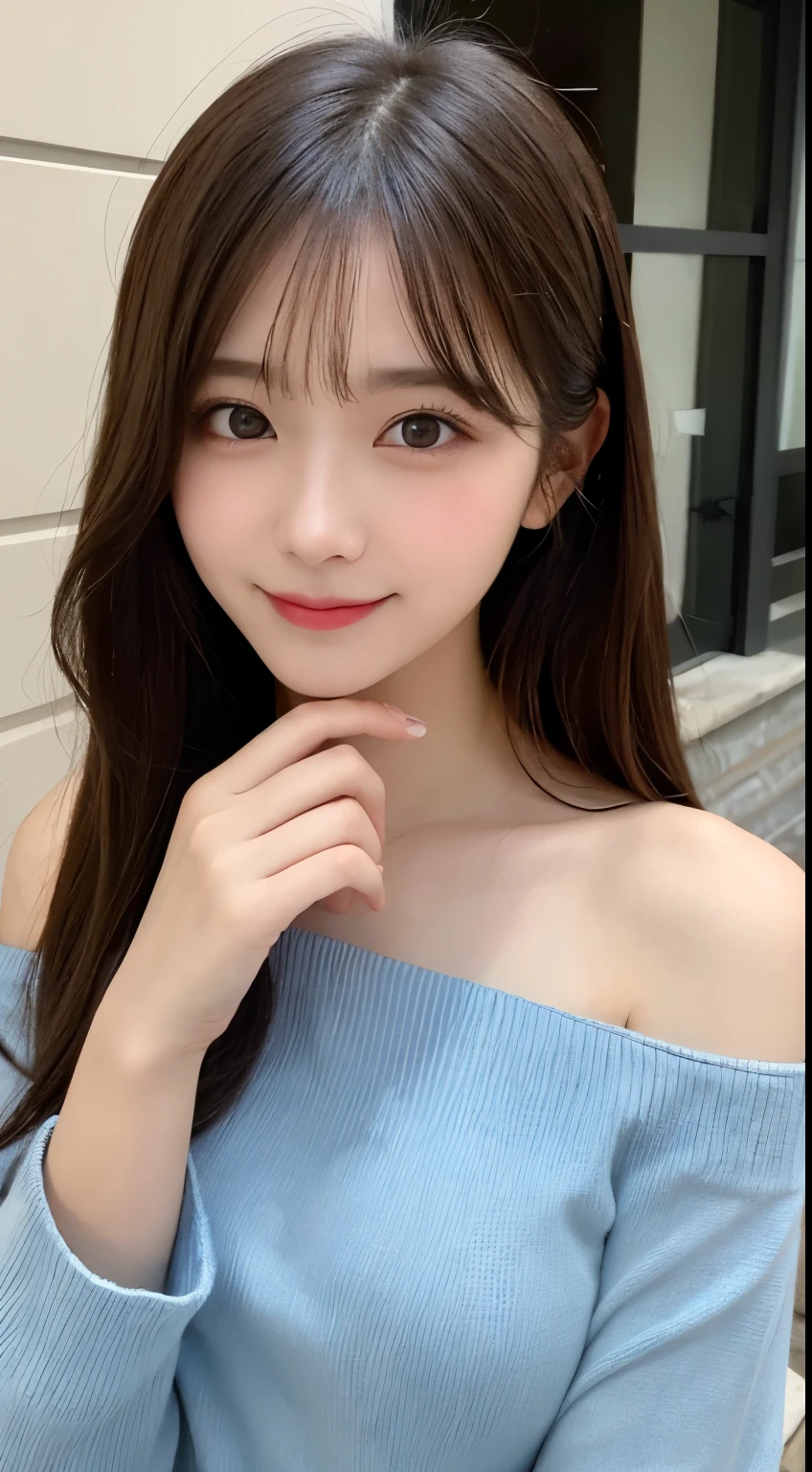 table top, highest quality, shape, Super detailed, finely, High resolution, 8k wallpaper, 完璧なダイナミックな構shape, beautiful and detailed eyes, Nice spring clothes,beautiful straight hair,small breasts,natural color lip, 20 year old girl、cute、look at the camera,Always blur the background,perfect and beautiful 顔,Beautiful and dense 顔、slim 顔 and style,Big eyes、Do gal makeup,real photos（best image quality）、fashion model pose、Step away from the camera and take a full body photo、smile、off shoulder,You are a top fashion model,最高のsmileを見せてください,looking at the camera