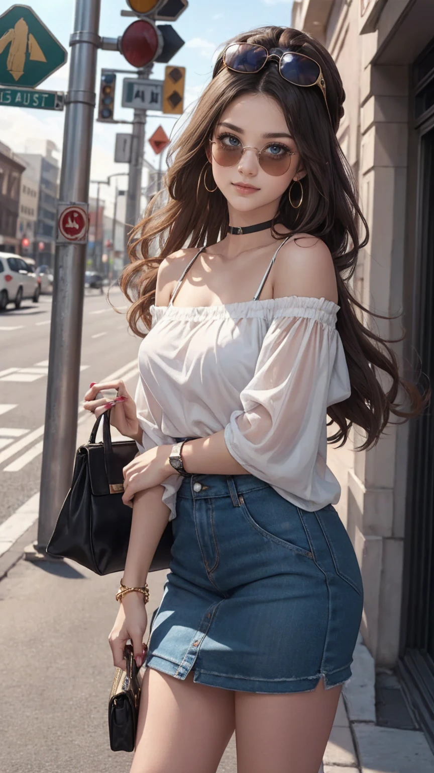 (最high quality, 8K, masterpiece: 1.3, Ultra HD, high quality, 最high quality, High resolution, realism)) 、25 year old white woman、brunette、blue eyes、long hair、smile、slender、slenderだがアスリートのような細マッチョ、I don&#39;t want my head to disappear from the screen.、Wear accessories on your wrist、Wearing red nail polish、I have a peticure、Wear a sheer, off-the-shoulder bodycon top、wear sandals、have a clutch bag、Skyscraper background、Waiting for a traffic light at an intersection、crystal earrings((crystal earrings))、inner color((colored inner hair))、long hair ((long hair))、Undercut Hair((undercut))、dark blonde、Place your sunglasses on your head((sunglasses on head)))