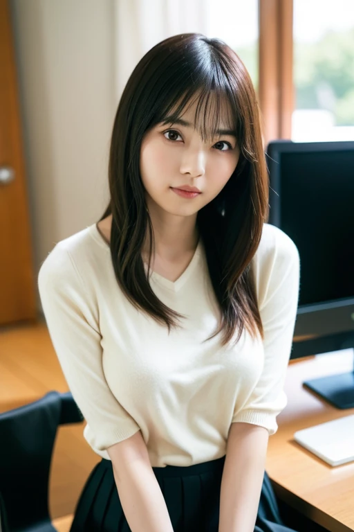 highest quality, 16k, girl, 36 years old, Raw photo, professional photography, portrait, late night office,dark lighting、 Pale pale contrast、professional lighting, alone, sitting in front of the computer、smile, close, cute, girly, goddess, 繊細なgirl, pure beauty, Digital single-lens reflex camera, avert your eyes, Frank, Sophisticated, film grain, (Eye and face details:1.0), long hair swaying in the wind, bangs, (A tight white cashmere sweater that clings to her breasts、Vneck)、navy pleated skirt、smooth and beautiful thighs、beautiful feet、(big breasts:1.4)、(deep cleavage:1.4)、cute吊り目