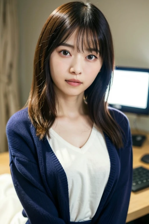 highest quality, 16k, girl, 48 years old, Raw photo, professional photography, portrait, late night office,dark lighting、 Weak contrast、professional lighting, alone, sitting in front of the computer、笑face, close, face, close, cute, girly, goddess, 繊細なgirl, pure beauty, Digital single-lens reflex camera, avert your eyes, Frank, Sophisticated, film grain, (目とfaceの詳細:1.0), long hair swaying in the wind, bangs, (A tight white cashmere sweater that clings to her breasts、Vneck)、navy pleated skirt、smooth and beautiful thighs、beautiful feet、(big breasts:1.6)、(deep cleavage)、cute hanging eyes、