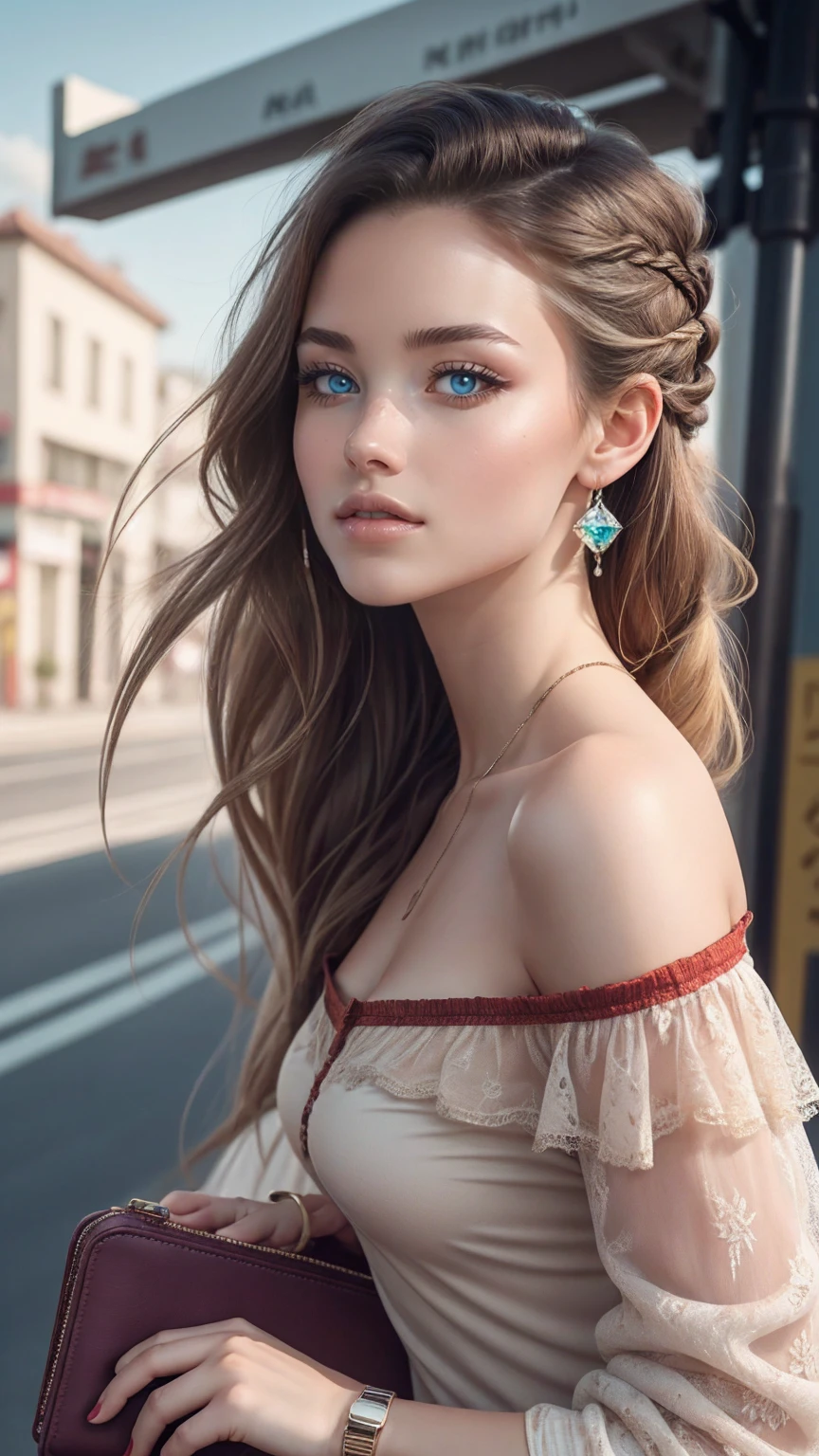 (最high quality, 8K, masterpiece: 1.3, Ultra HD, high quality, 最high quality, High resolution, realism)) 、25 year old white woman、brunette、blue eyes、long hair、smile、slender、slenderだがアスリートのような細マッチョ、I don't want my head to disappear from the screen.、Wear accessories on your wrist、Wearing red nail polish、I have a peticure、Wear a sheer, off-the-shoulder bodycon top、wear sandals、have a clutch bag、Skyscraper background、Waiting for a traffic light at an intersection、crystal earrings((crystal earrings))、inner color((colored inner hair))、long hair ((long hair))、Undercut Hair((undercut))、dark blonde、Place your sunglasses on your head((sunglasses on head)))