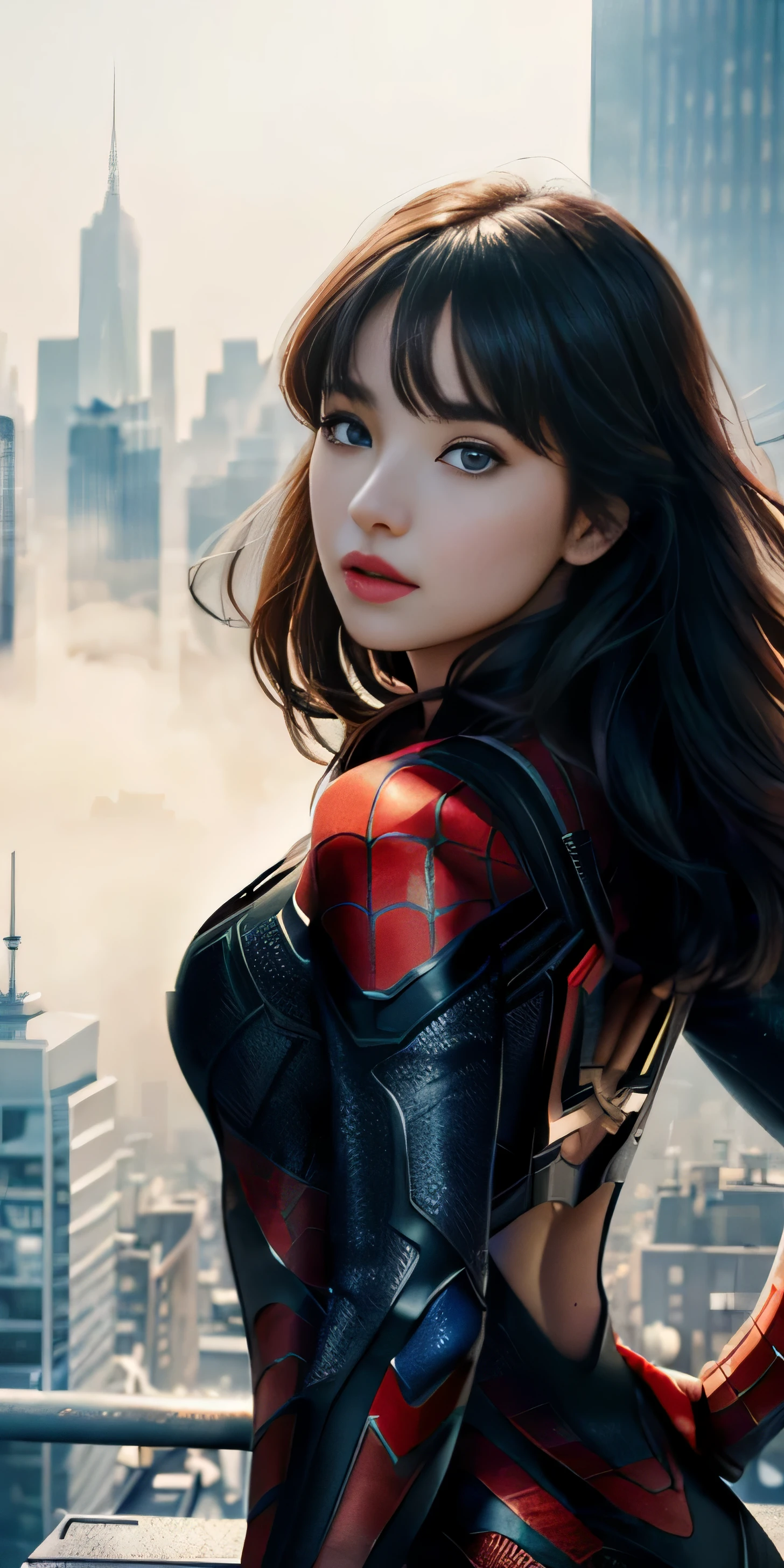 (1girl:1.3), Solo, (((Very detailed face)))), ((Very detailed eyes and face)))), Beautiful detail eyes, Body parts__, Official art, Unified 8k wallpaper, Super detailed, beautiful and beautiful, beautiful, masterpiece, best quality, original, masterpiece, super fine photo, best quality, super high resolution, realistic realism, sunlight, full body portrait, amazing beauty, dynamic pose, delicate face, vibrant eyes, (from the front), She wears Spider-Man suit, red and black color scheme, spider, very detailed city roof background, rooftop, overlooking the city, detailed face, detailed complex busy background, messy, gorgeous, milky white, highly detailed skin, realistic skin details, visible pores, clear focus, volumetric fog, 8k uhd, DSLR, high quality, film grain, fair skin, photo realism, lomography, futuristic dystopian megalopolis, translucent