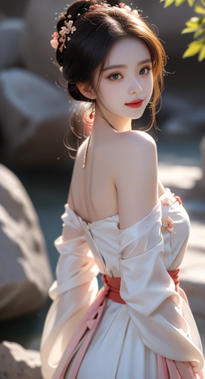 hanfu-song, hanfu, Song Theme, Bandeau style, Pipe top, ((bare shoulders)), ((whole body)), actual, Fashion girl, red lips, adult, cosmetics, big eyes, fair eyes, ((whole body)), ((from below)), (best quality, masterpiece:1.2), super detailed, (actual:1.37), ((Sexy long legs)), fair, young and energetic, Charming model with (exquisite eyes, delicate lips, extremely exquisite eyes), Show a bright smile, Create stunning girl images, Warm colors, Extremely high color saturation, official art, Extremely detailed CG unified 8K wallpaper,(high dynamic range :1.4), (cinematic),(pastel colors, The color is dull, soothing tone :1.3), (natural skin texture, ultra-actual, soft light, sharp),(Very detailed), night, moonlight, ((in mountains, plant, Leaning against the rocks))