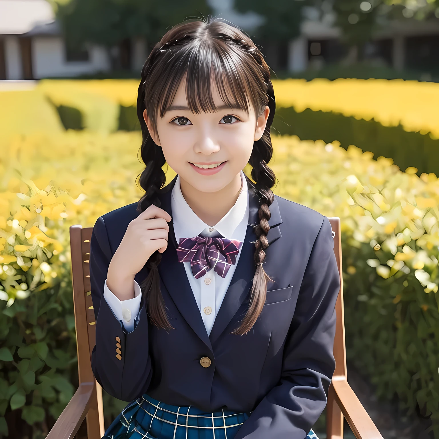 (highest quality、masterpiece:1.2)、highest quality、realistic、photograph、High resolution、1080p、8K、Pale, rough skin、The face is especially pale., physical rendering、Height: 155cm, one Japanese girl、A Japanese junior high school student sitting on a chair in a flower field、cute japanese girl, 14 years old, , (((big very detailed beautiful dark brown eyes))), ((girly large wine-red glossy polyester Japanese school ribbon bow tie)), ((((very beautiful long braids hair)))), ((((deep blue colored tartan checkered formal long pleated skirt)))), ((A formal dark blue blazer that is slightly oversized and has an emblem on the left chest.)), (((Looking at the viewers with loving eyes, smiling))), Very fun, Very happy, mouth is open, the skirt is so cute, detailed fingers, modest chest, ((curled bangs)), so beautiful, long eyelashes, ((Very big and very very very cute eyes of a Japanese girl)), ((large pupils)), double eyelids, The entire skirt is photographed, Very cute face, thin eyebrows, ((drooping eyes)), ((long eyelashes)), maximum smile, The pure white light hits my face from the front, making my eyes sparkle., (((((Very pretty princess-like face))))), ((round face)), hands on chest