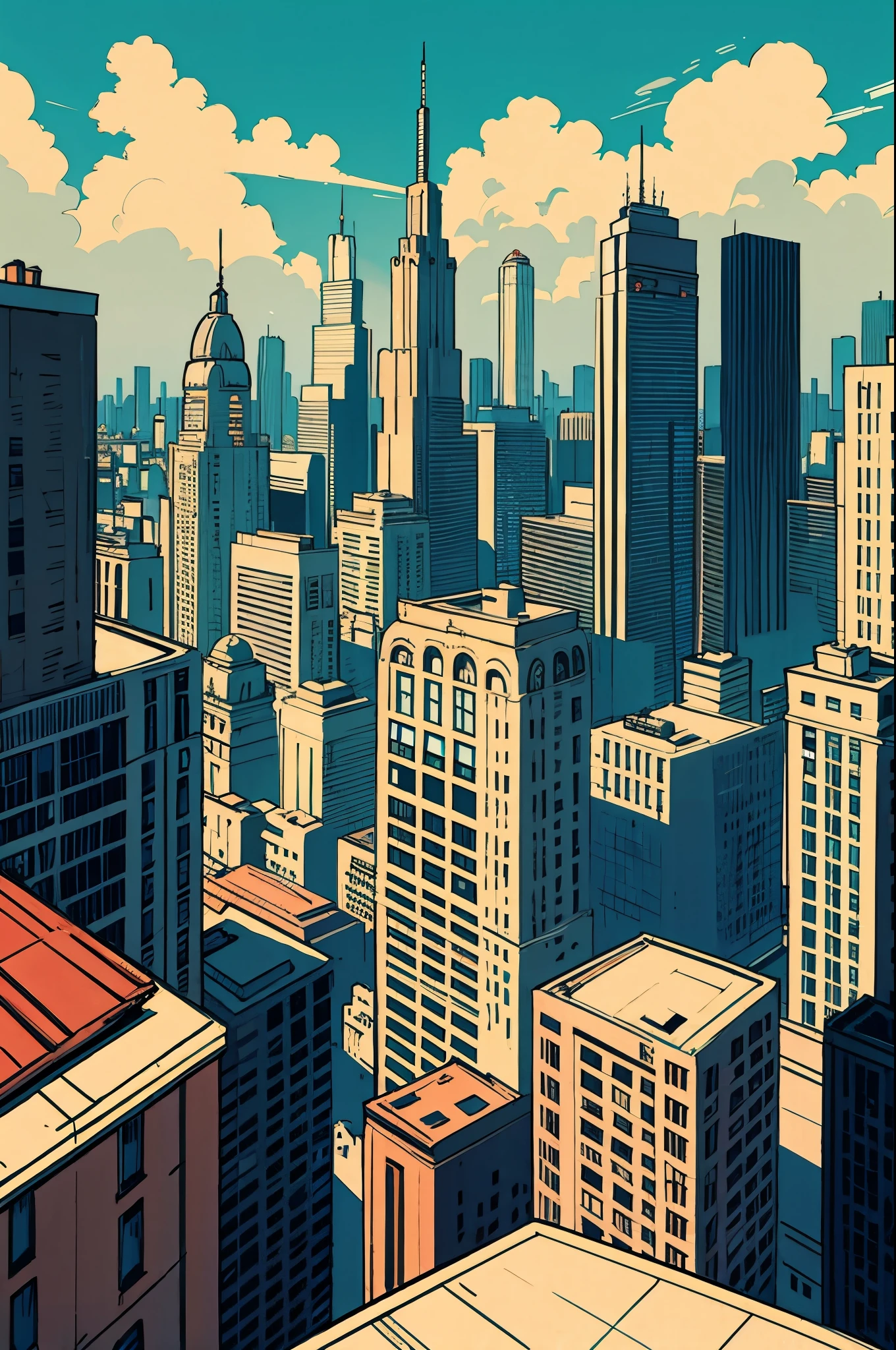 City skyline in webtoon style, view from rooftops