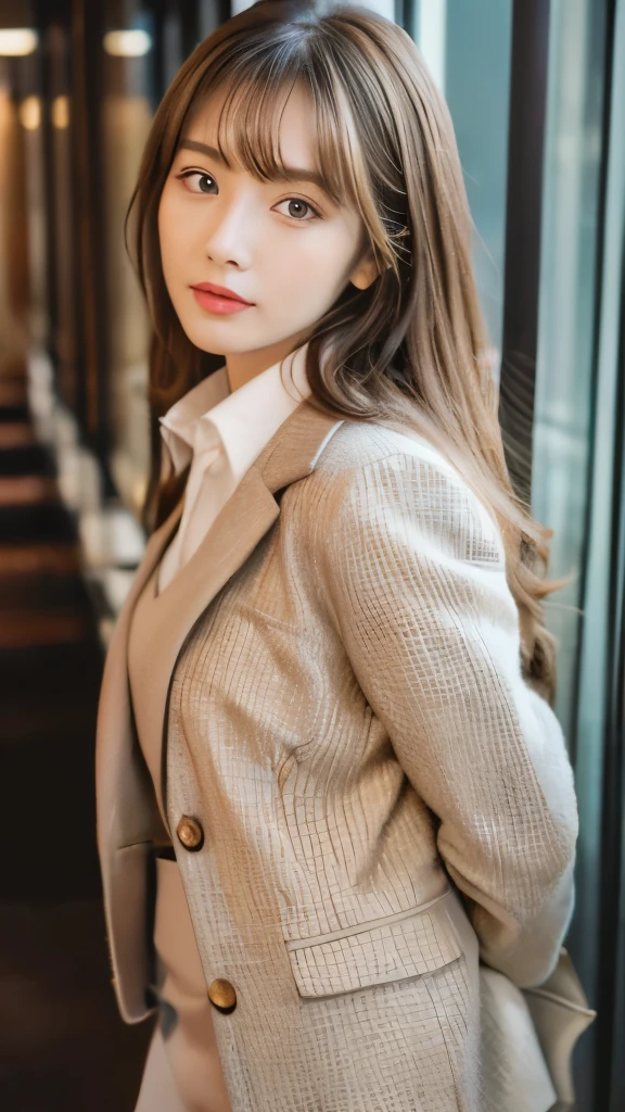 Best quality, 8k, ,Masterpiece :1.3)), facing viewer,((full body1.2)) ,pretty woman, wide shot ,1girl, , selfie , Office,, suits, brown hair , bangs,ultra-detailed face, highly detailed lips, detailed eyes, double eyelid