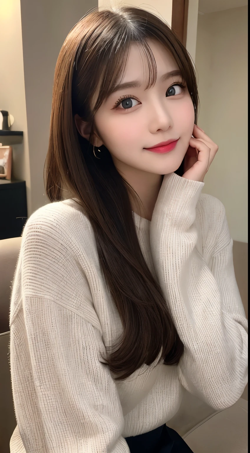 table top, highest quality, shape, Super detailed, finely, High resolution, 8k wallpaper, 完璧なダイナミックな構shape, beautiful and detailed eyes, small breasts,natural color lip, bold sexy pose,smile、20 year old girl、cute、sexy shot looking at camera,Always blur the background,perfect and beautiful face,Take only the face,Beautiful and dense face、slim face and style,Big eyes、Do gal makeup、jumper skirt