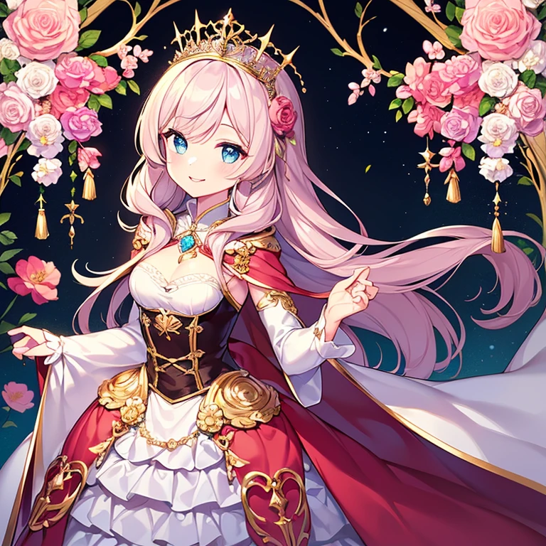 (kawaii),(best quality),(ultra detailed),(rococo style),(long train pastel pink cape:1.15), very long cape,(long train white ball gown with flower decorations:1.1), a girl is wearing a cape over her gown,(she has a western style fan:1.05), 1 little princess, tiara, smile, very long hair, small breasts, beautiful detailed eyes, beautiful detailed lips