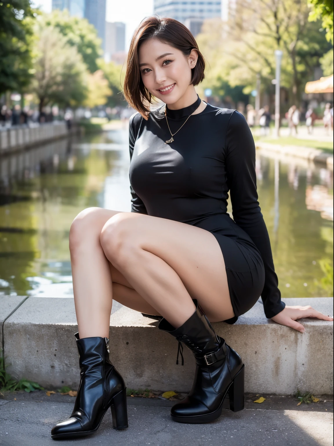 (original photo:1.2), (actual:1.4),beautiful and delicate woman,非常にnarrow eyesと顔, narrow eyes, super detailed,High resolution, Very detailed,best quality,Enlightenment,Unite,8k wallpaper,masterpiece,best quality,1 female,alone,rich,Whole BodyEsbian,(Slightly fatter body type:1.1),meat leg,alone,（mad:1.2）、（Black rubber strap dress：1.4）,（knee high boots：1.4）,jewelry, necklace ,short hair,gentle smile,dignified atmosphere,black eyes,actual,Hibiya Park , (Morning Park:1.1),(Big erect breasts：1.4）