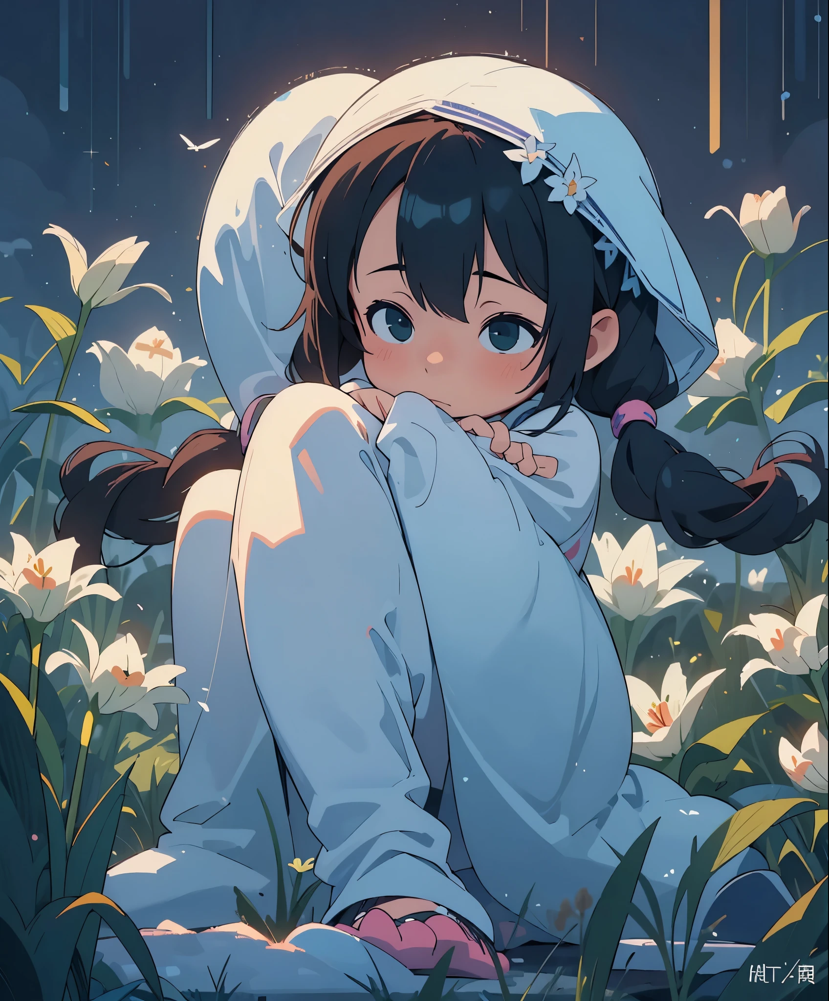 (masterpiece、highest quality、highest quality、official art、beautiful beautiful:1.2)、(1 girl:1.3)Hatsune Miku、twin tails,big breasts,A lily was quietly shining in the darkness。Its chastity iake you feel the darkness around you more deeply、noble beauty, on the contrary, It was alleviating loneliness and despair。Behind the glamorous beauty、There seems to be a hidden dark story.、Everyone was obsessed with the mystery。Japanese clothing、dark