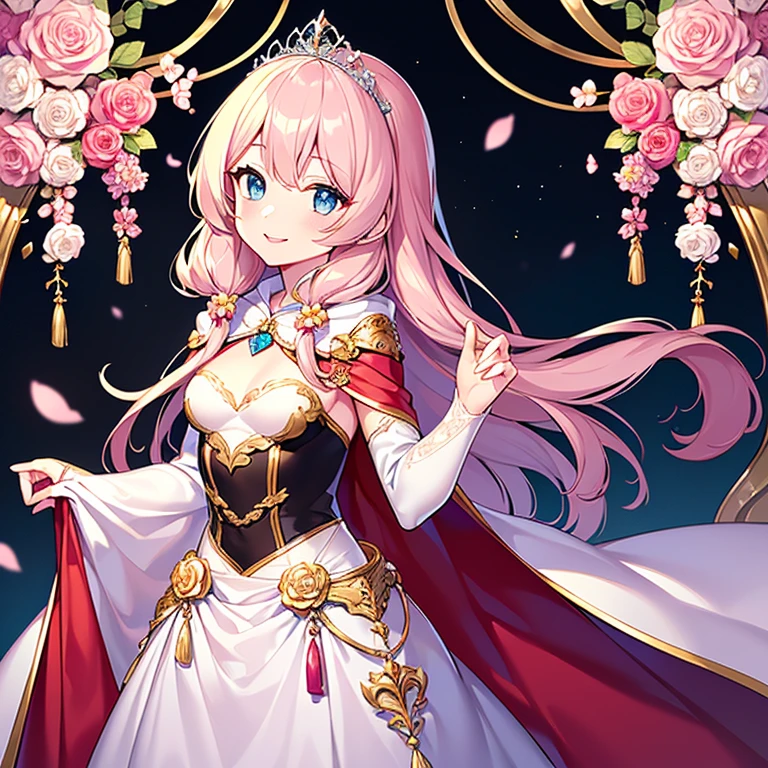 (kawaii),(best quality),(ultra detailed),(rococo style),(long train pastel pink cape:1.15), very long cape,(long train white ball gown with flower decorations:1.1), a girl is wearing a cape over her gown,(she has a western style fan:1.05), 1 little princess, tiara, smile, very long hair, small breasts, beautiful detailed eyes, beautiful detailed lips