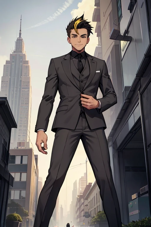 male, black spiky hair with yellow highlights, green eyes, (((1boy))), (((grey business suit jacket))), (black shirt), (brown pants), (black dress shoes), handsome, long legs, smiling