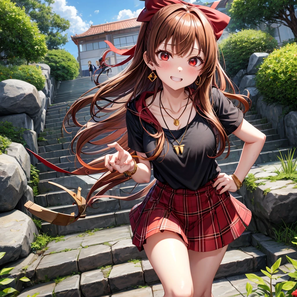 reddish-brown golden hair、red eyes、one good looking girl、solo、anime、plaid mini skirt、black camisole、black t-shirt、hoodie、wearing a ribbon、ribbon at waist、crystal earrings、Gemstone Necklace、Light and shadow、Tilting face、teeth are visible、pillar、evil looking face、Kuroko、Diamond dust、grassland、Water running down the stairs、overflowing、Ants are walking