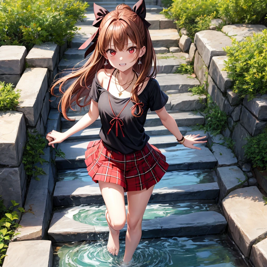 reddish-brown golden hair、red eyes、one good looking girl、solo、anime、plaid mini skirt、black camisole、black t-shirt、hoodie、wearing a ribbon、ribbon at waist、crystal earrings、Gemstone Necklace、Light and shadow、Tilting face、teeth are visible、pillar、evil looking face、Kuroko、Diamond dust、grassland、Water running down the stairs、overflowing、Ants are walking