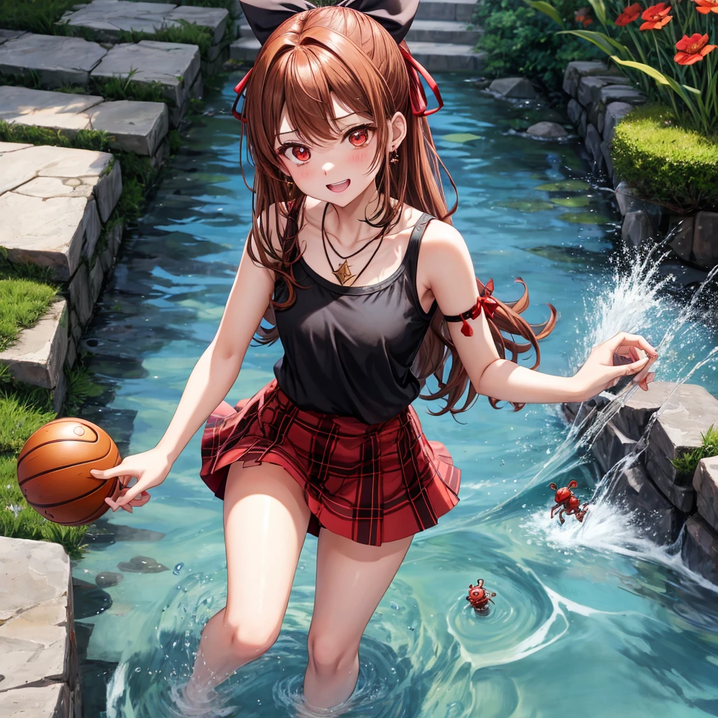 reddish-brown golden hair、red eyes、one good looking girl、solo、anime、plaid mini skirt、black camisole、black t-shirt、hoodie、wearing a ribbon、ribbon at waist、crystal earrings、Gemstone Necklace、Light and shadow、Tilting face、teeth are visible、pillar、evil looking face、Kuroko、Diamond dust、grassland、Water running down the stairs、overflowing、Ants are walking