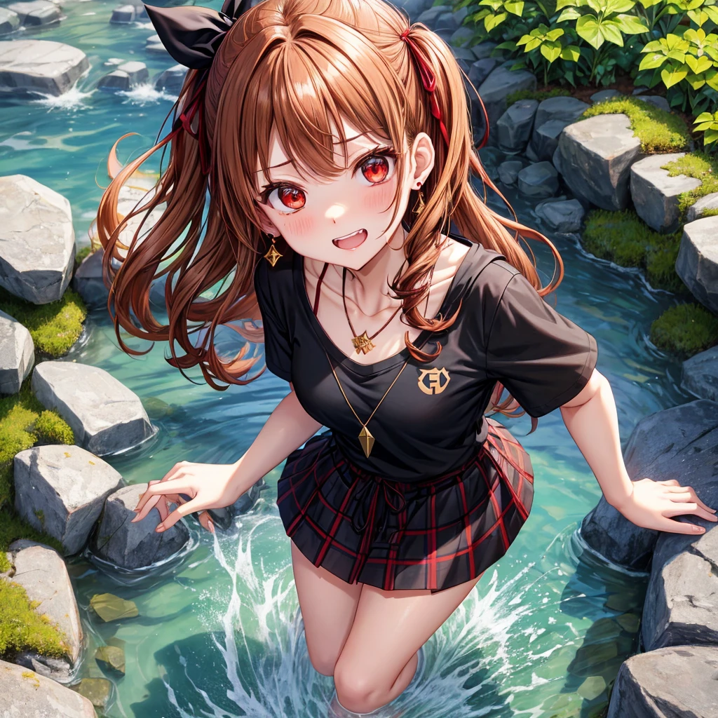 reddish-brown golden hair、red eyes、one good looking girl、solo、anime、plaid mini skirt、black camisole、black t-shirt、hoodie、wearing a ribbon、ribbon at waist、crystal earrings、Gemstone Necklace、Light and shadow、Tilting face、teeth are visible、pillar、evil looking face、Kuroko、Diamond dust、grassland、Water running down the stairs、overflowing、Ants are walking