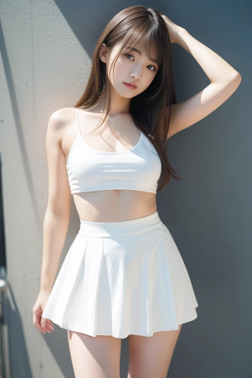 detailed_background, realistic, full body, 1girl, eye glasses, blushes, dark alley, black hair, long hair, bangs, cleavage, big bust, belly,  crotch, small waist, bare legs, thighs, thicc_thights, knees, sneakers, white crop top blouse, arms raised, micro pleated skirt, panty flash, crotch_seam, crotch_tuft, crotch_fluff, crotch_belly, view from below, seductive look, 