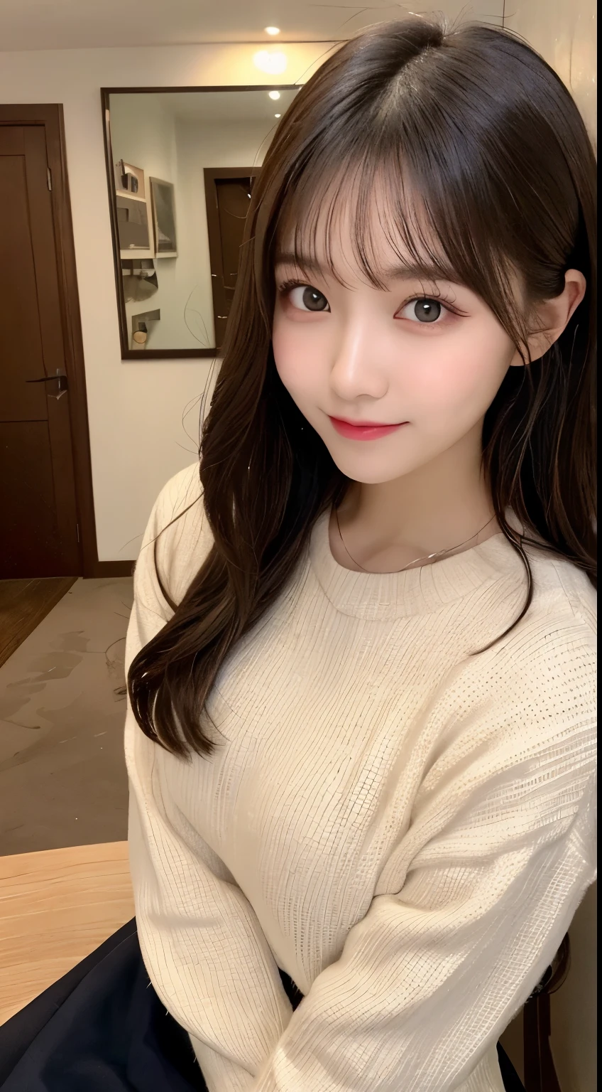 table top, highest quality, shape, Super detailed, finely, High resolution, 8k wallpaper, 完璧なダイナミックな構shape, beautiful and detailed eyes, small breasts,natural color lip, smile、20 year old girl、cute、looking at the camera,Always blur the background,perfect and beautiful face,Take only the face,Beautiful and dense face、slim face and style,Big eyes、Do gal makeup、jumper skirt