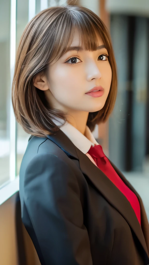 Best quality, 8k,  ,Masterpiece :1.3)), facing viewer,((full body1.2)) ,pretty woman, wide shot ,1girl, , selfie   , Office,,   suits, brown hair  , bangs,ultra-detailed face, highly detailed lips, detailed eyes, double eyelid