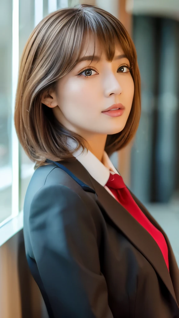 Best quality, 8k,  ,Masterpiece :1.3)), facing viewer,((full body1.2)) ,pretty woman, wide shot ,1girl, , selfie   , Office,,   suits, brown hair  , bangs,ultra-detailed face, highly detailed lips, detailed eyes, double eyelid