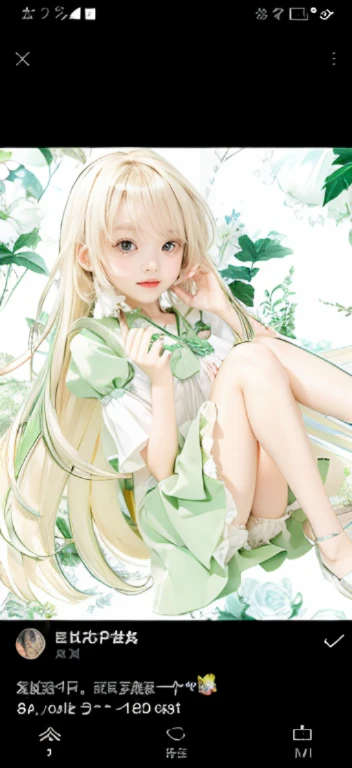 A young girl in a green short skirt,sitting on bed,Legs hugging knees,Showing genitals,shy,beauty,Lots of detail