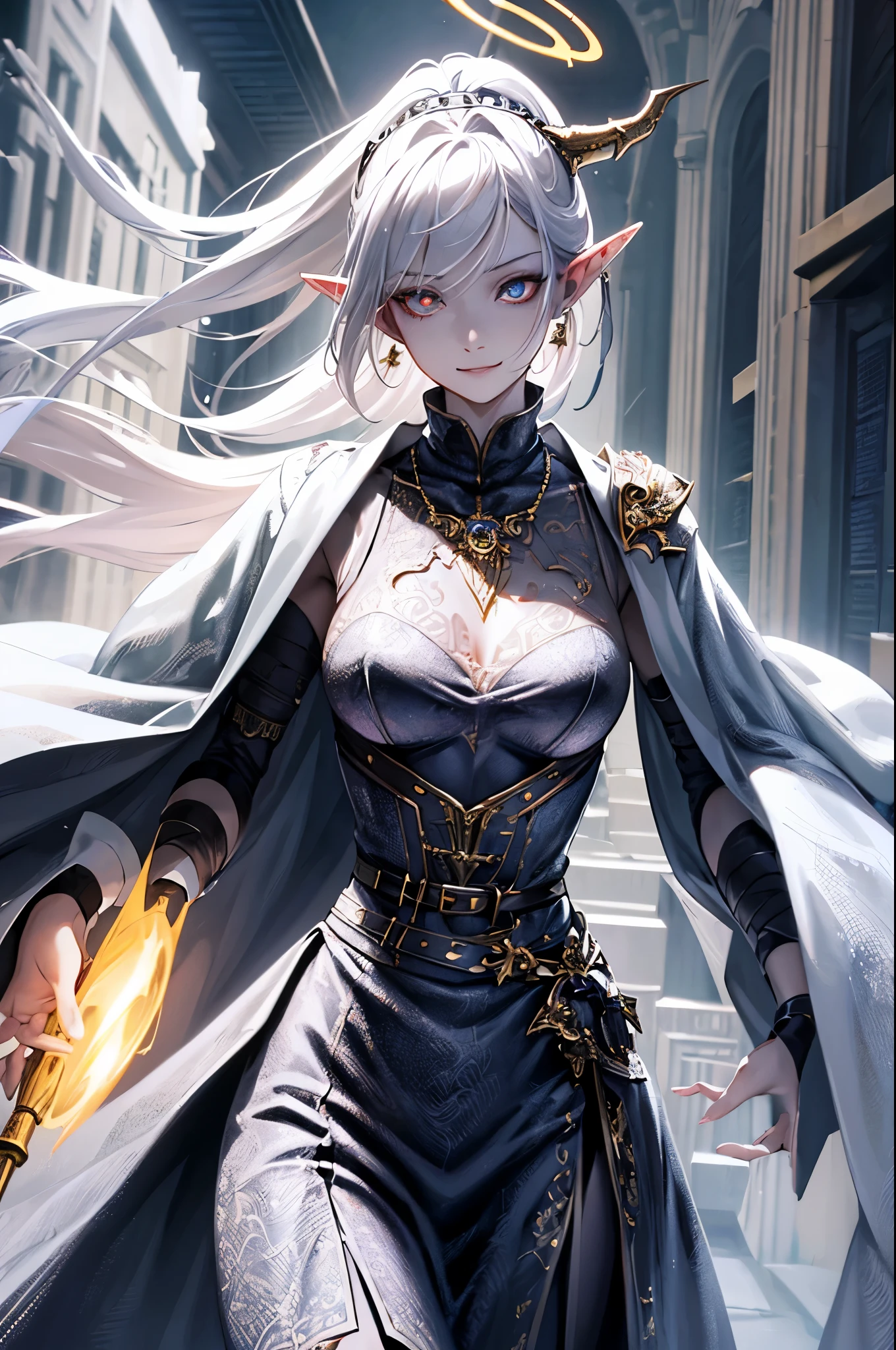 Idol style,Succubus,baby, Advanced art style,works of masters,16K,HD,Scary smile,silver hair,noble,Mink scarf,crutch,full-body shot,golden light,Advanced Cape,necklace,belt,shy,halo,Sexy figure,Lower chest display,Divine Light,Film light and shadow,Domineering,King,arrogant,Reduce clothing fabric,Details of the face,looking down,saint,perspective,Bandage wrap around the chest,Tattoo on the chest,Fallen,dark,bicolor hair,earrings,ambiguous,star eyes,Special skill,Advanced special effects,perfect waist to hip ratio,elf ears,dragon horn,Dragon scales on the body