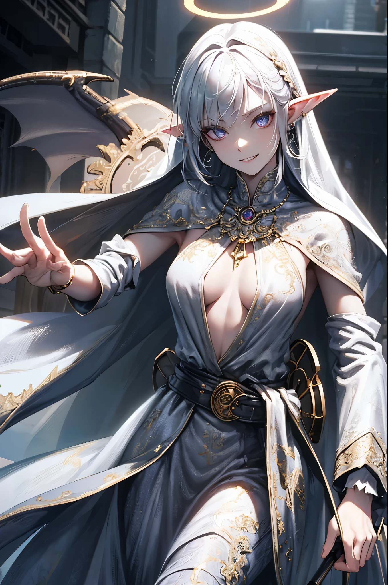 Idol style,Succubus,baby, Advanced art style,works of masters,16K,HD,Scary smile,silver hair,noble,Mink scarf,crutch,full-body shot,golden light,Advanced Cape,necklace,belt,shy,halo,Sexy figure,Lower chest display,Divine Light,Film light and shadow,Domineering,King,arrogant,Reduce clothing fabric,Details of the face,looking down,saint,perspective,Bandage wrap around the chest,Tattoo on the chest,Fallen,dark,bicolor hair,earrings,ambiguous,star eyes,Special skill,Advanced special effects,perfect waist to hip ratio,elf ears,dragon horn,Dragon scales on the body