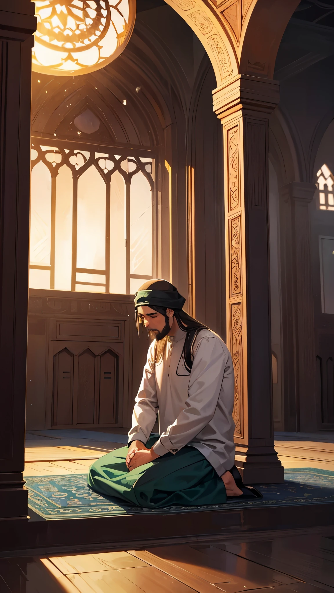 a Muslim man, sitting and bowing his head sadly, tears dripping from his eyes, in a very beautiful mosque building, the moonlight creates a serene atmosphere