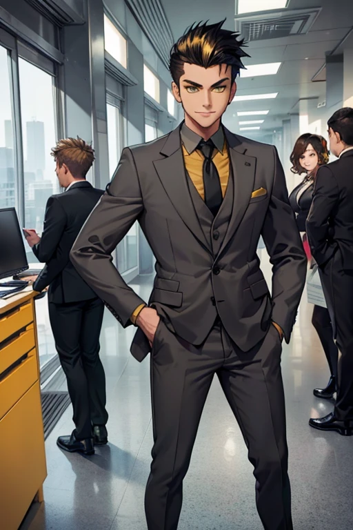 male, black spiky hair with yellow highlights, green eyes, (((1boy))), (((grey business suit jacket))), (black shirt), (brown pants), (black dress shoes), handsome, long legs, smiling