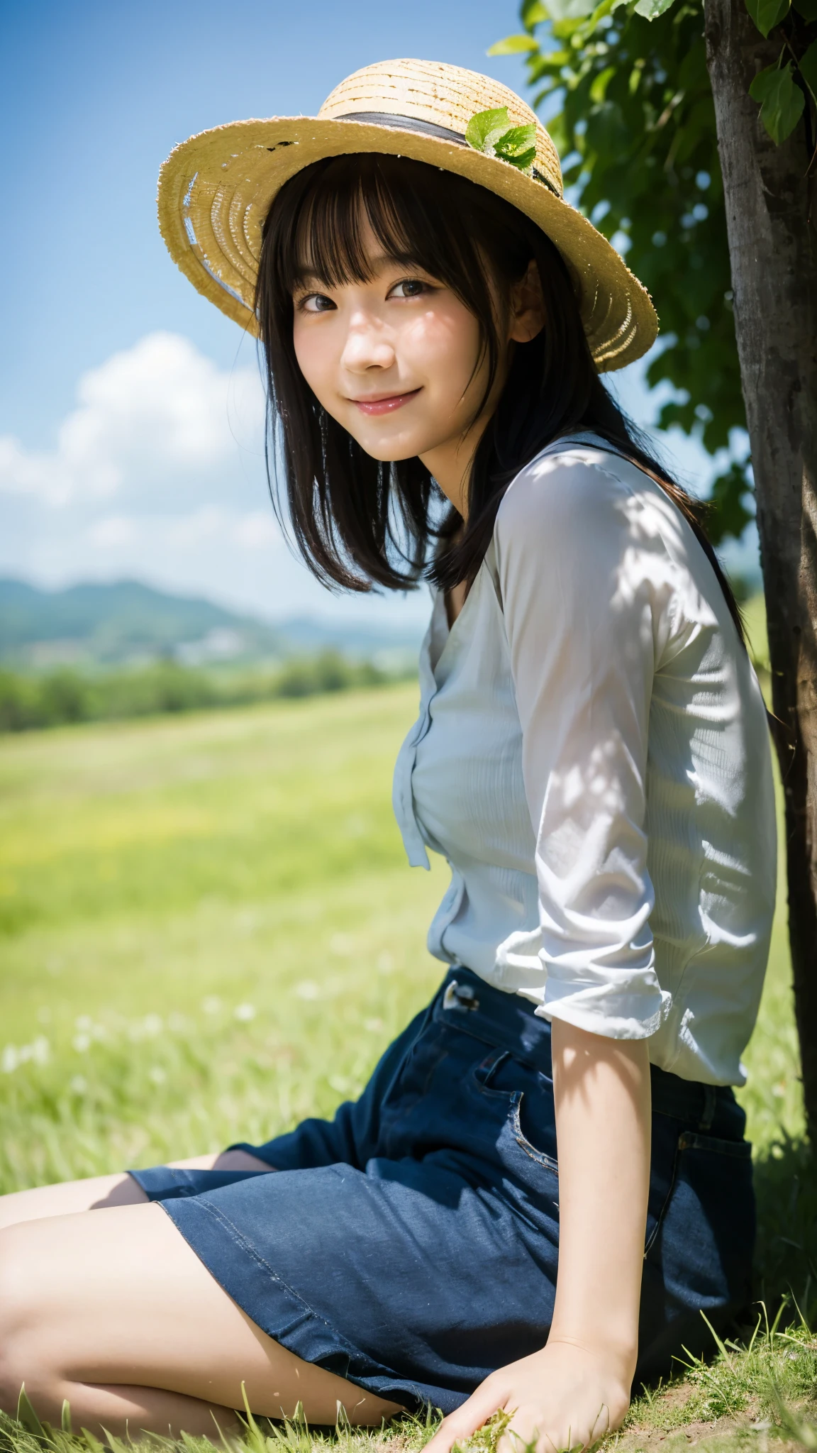 (highest quality,masterpiece:1.3,ultra high resolution),(Super detailed,caustics,8k),(photorealistic:1.4,RAW shooting),18-year-old,cute,Japanese,straw hat,Black Hair Middle Hair,(strong wind:1.1),(hair blowing in the wind:1.1),(one piece),(smile),looking at the camera,blue sky,sun,Natural light,(top of the hill),(Tall green grassland:1.1),(sitting in the grass:1.1),(ground level shot:1.1),(shot from the waist up),(low position:1.1),(Low - Angle:1.1)