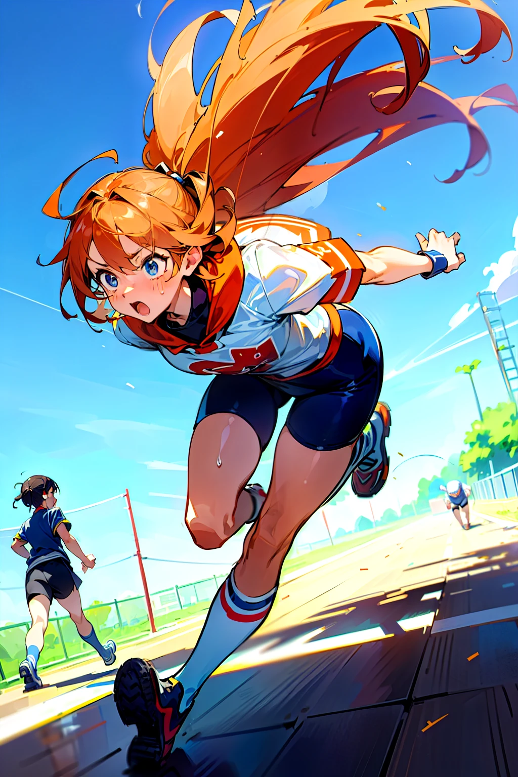 (masterpiece,highest quality,8K,detailed facial expressions),running as fast as you canアニメの少女,Jersey,(1people,whole body,side angle),running as fast as you can,A girl working hard1people,Sweat,youth,playground,ground,clear sky,anime moe art style ,