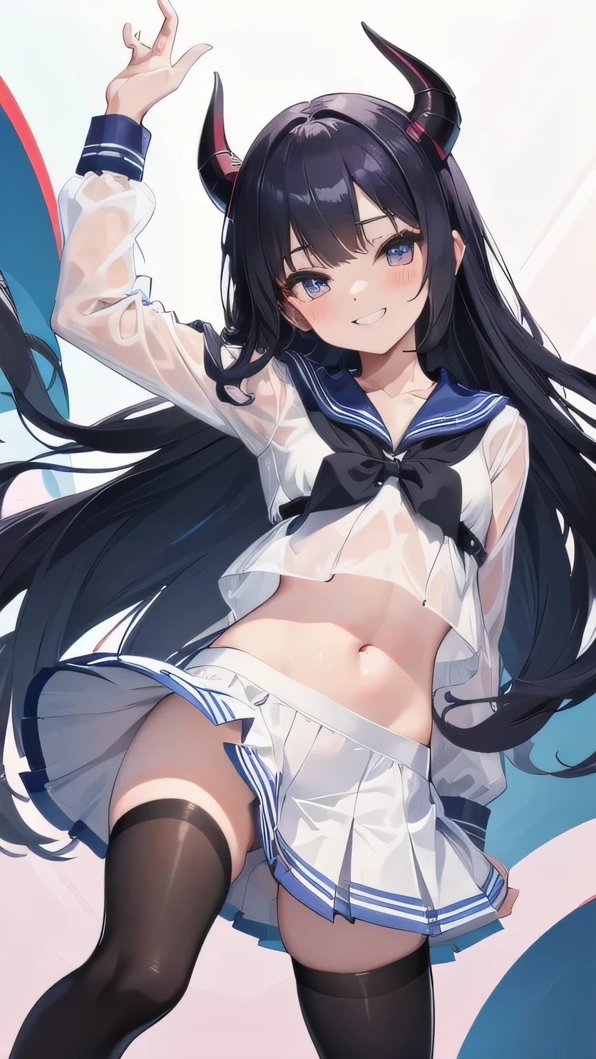 super detailed face, Draw the most beautiful eyes, Eyes are the most important, Skirt that flips up, summer clothes, navel exposed sailor suit, See-through sailor suit, wet clothes, Striped knee socks, blush, Confident laughter, Little devilish smile, solid color background, little devil horns