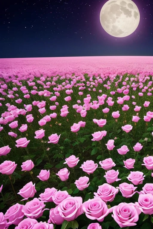 Roses spreading across a wide meadow、white and pink roses、Illuminated by the moonlight, it&#39;s fantastic