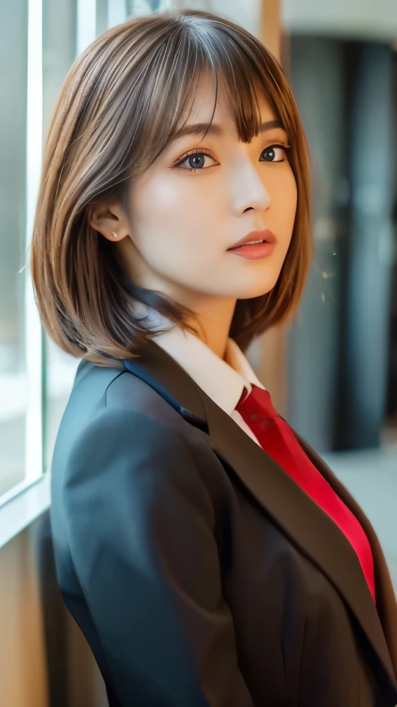Best quality, 8k, ,Masterpiece :1.3)), facing viewer,((full body1.2)) ,pretty woman, wide shot ,1girl, , selfie , Office,, suits, brown hair , bangs,ultra-detailed face, highly detailed lips, detailed eyes, double eyelid
